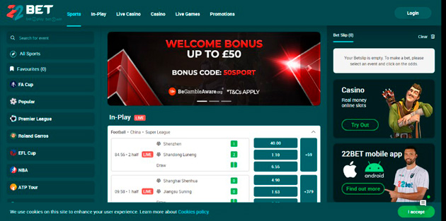 Landing page for 22Bet