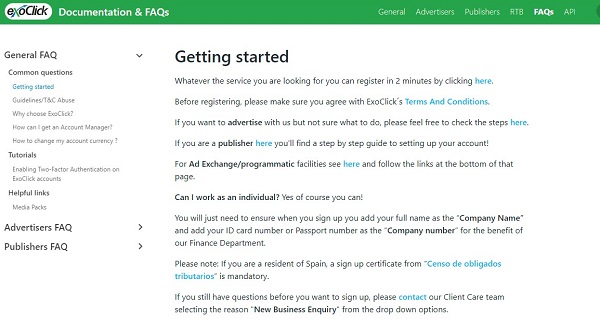 Документы и FAQ на сайте Exoclick