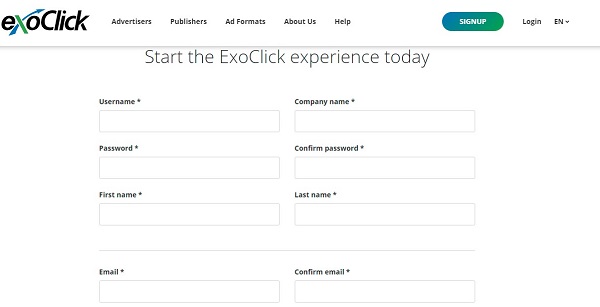 Форма регистрации в Exoclick