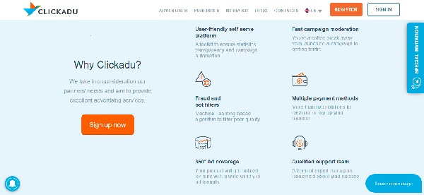 Clickadu home page