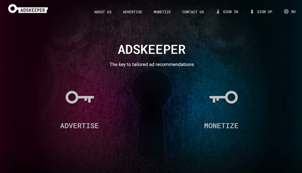Интерфейс главной страницы сайта Adskeeper.com
