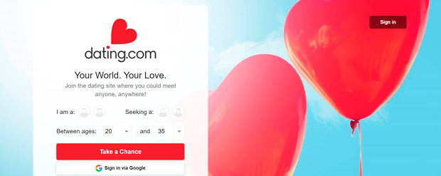 Landing page for Dating.com