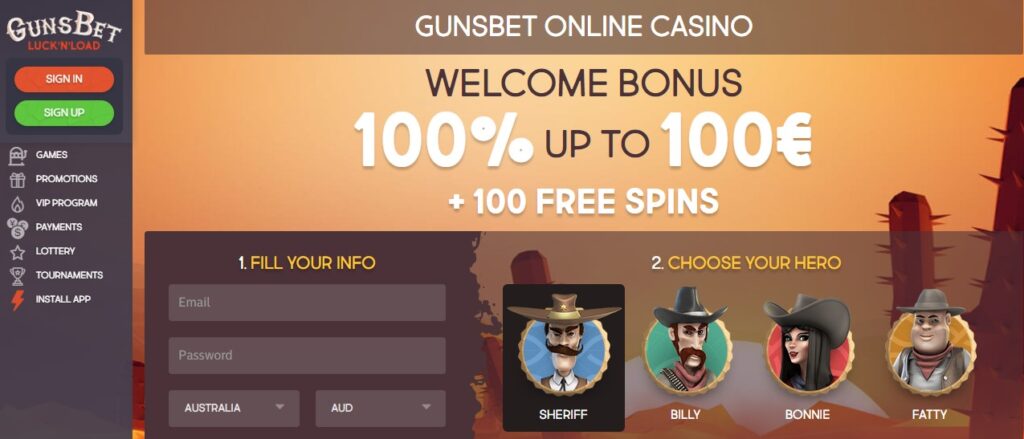 Landing page of the GunsBet Casino