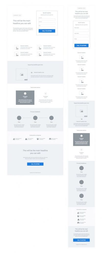 An example of how to arrange all the elements of the landing page in one column 