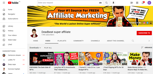 Deadbeat Super Affiliate's channel page 