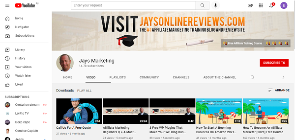 Jays Marketing's channel page 