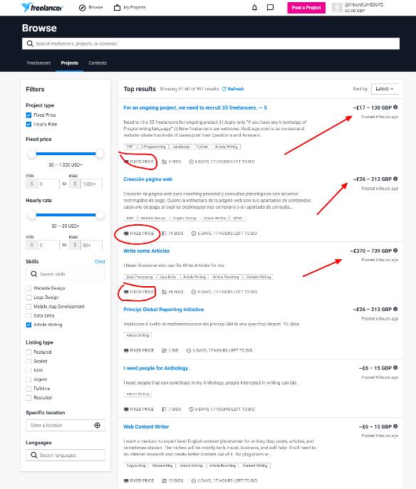 Examples of projects and prices on the exchange Freelancer.com