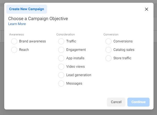A choice of 11 goals for which Facebook will optimize advertisements