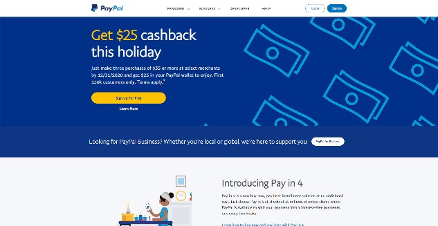 PayPal landing page