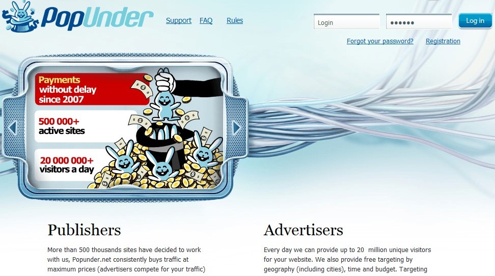 Interface of the Popunder.net home page