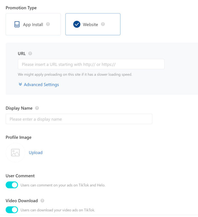 Setting the main creative settings