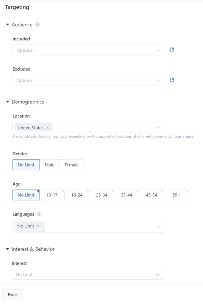 Setting the targeting settings