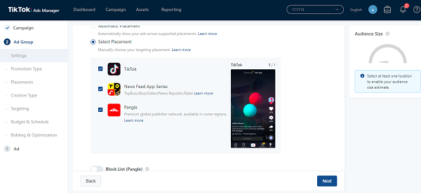 Выбор плейсмента в TikTok Ads Manager