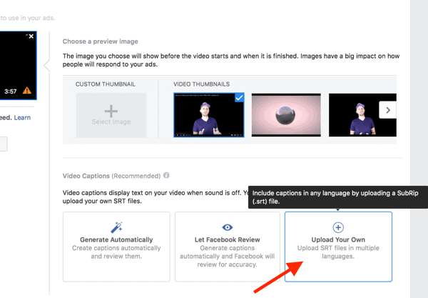 You can add a file with subtitles in one click at the stage of uploading video ads 